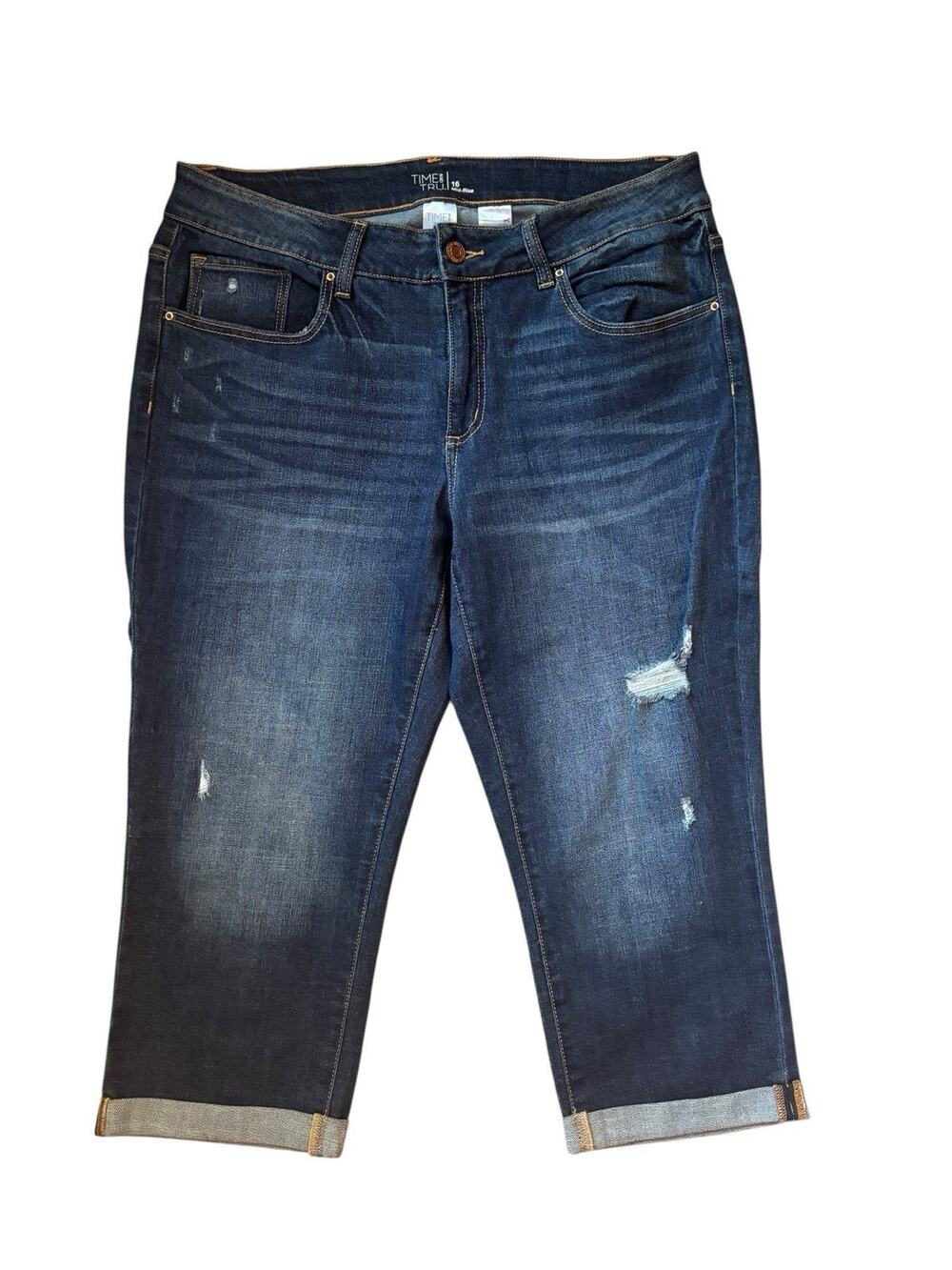 Womans Time & Tru Midrise Distressed Cuffed Capri Blue Jeans Size 16